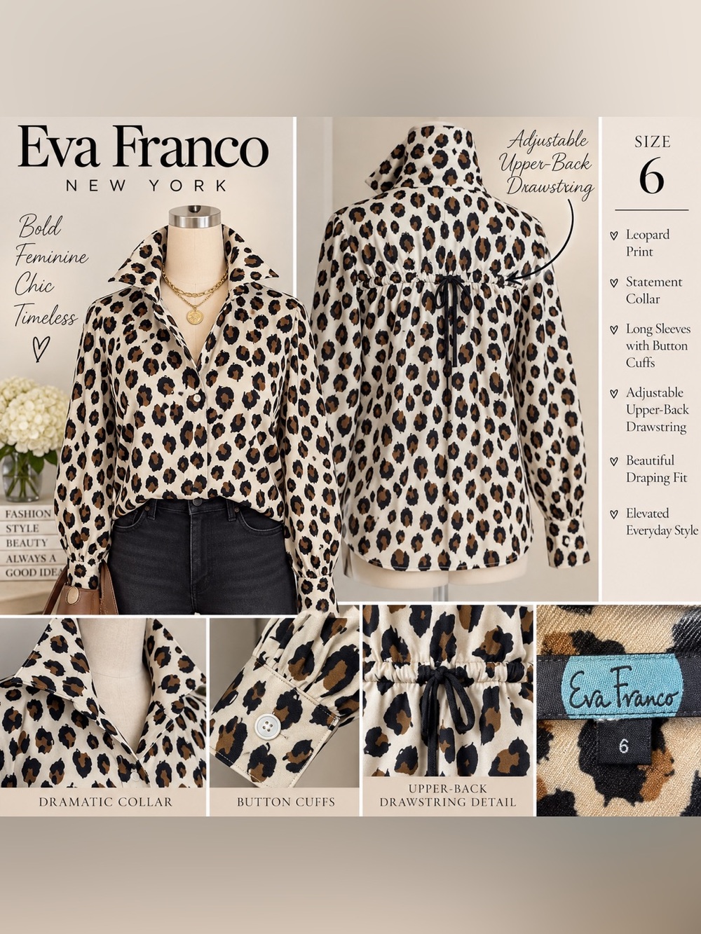 Eva Franco Leopard Print Blouse Size 6 Animal Print Statement Top